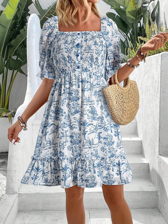 Damen romantisches Sommerkleid mit Puffärmeln und Rüschen EB
