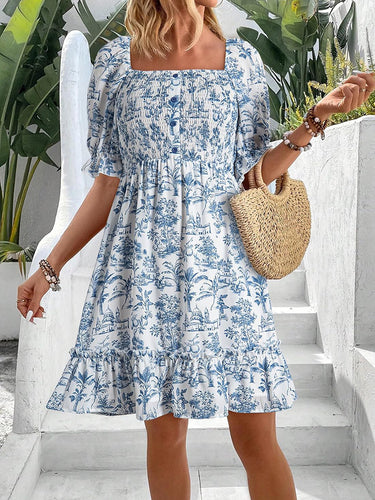 Damen romantisches Sommerkleid mit Puffärmeln und Rüschen EB