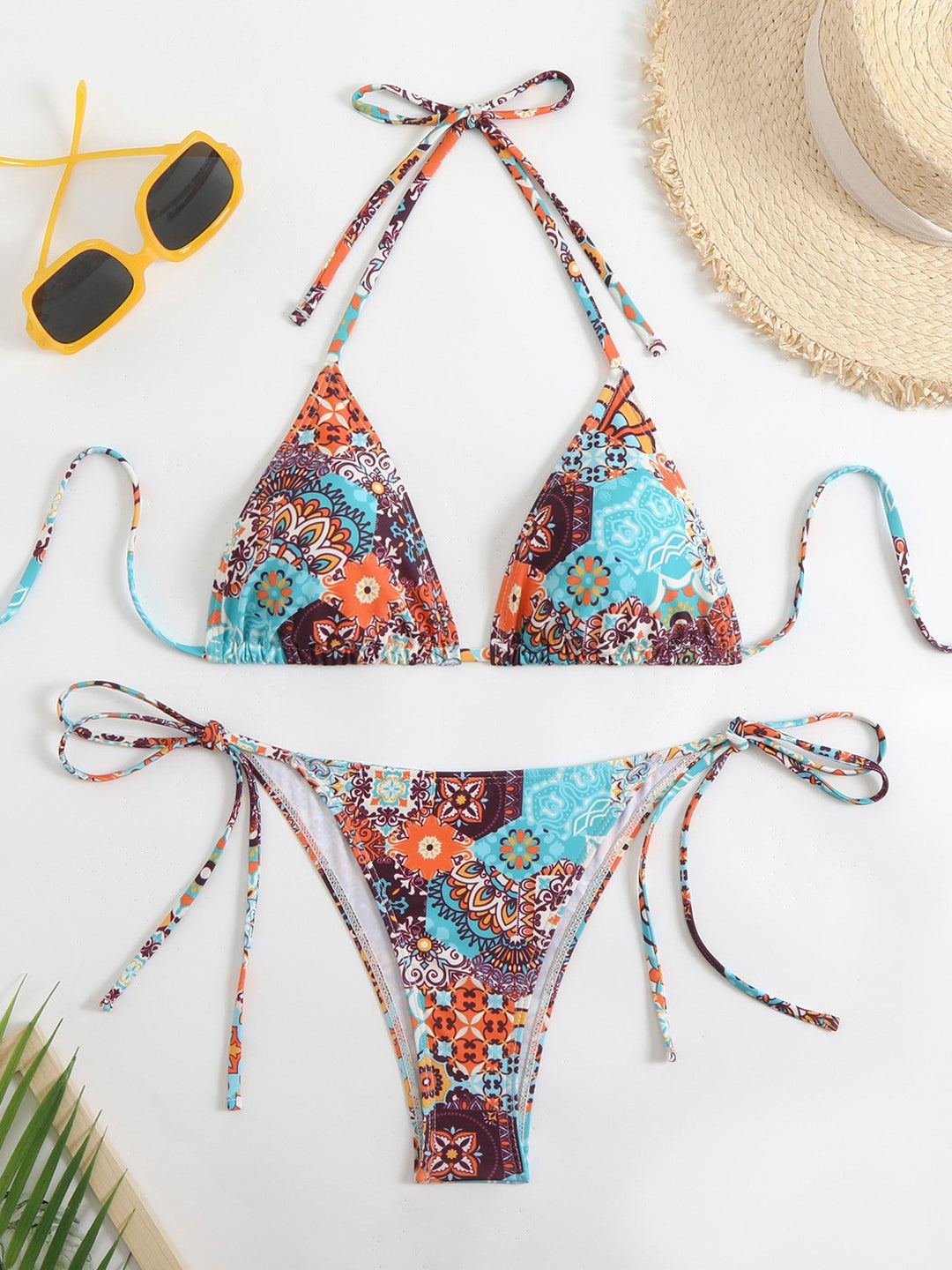 Damen Triangel-Bikini-Set mit verspieltem Blumenmuster und feinen Bindebändern EB