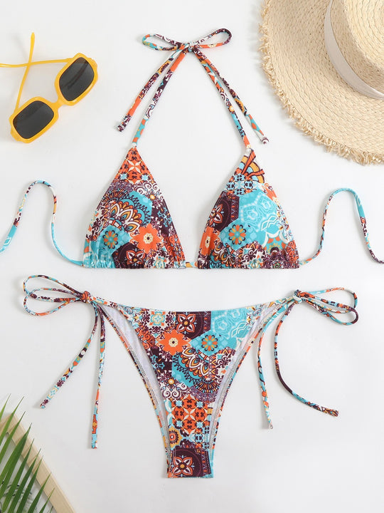 Damen Triangel-Bikini-Set mit verspieltem Blumenmuster und feinen Bindebändern EB