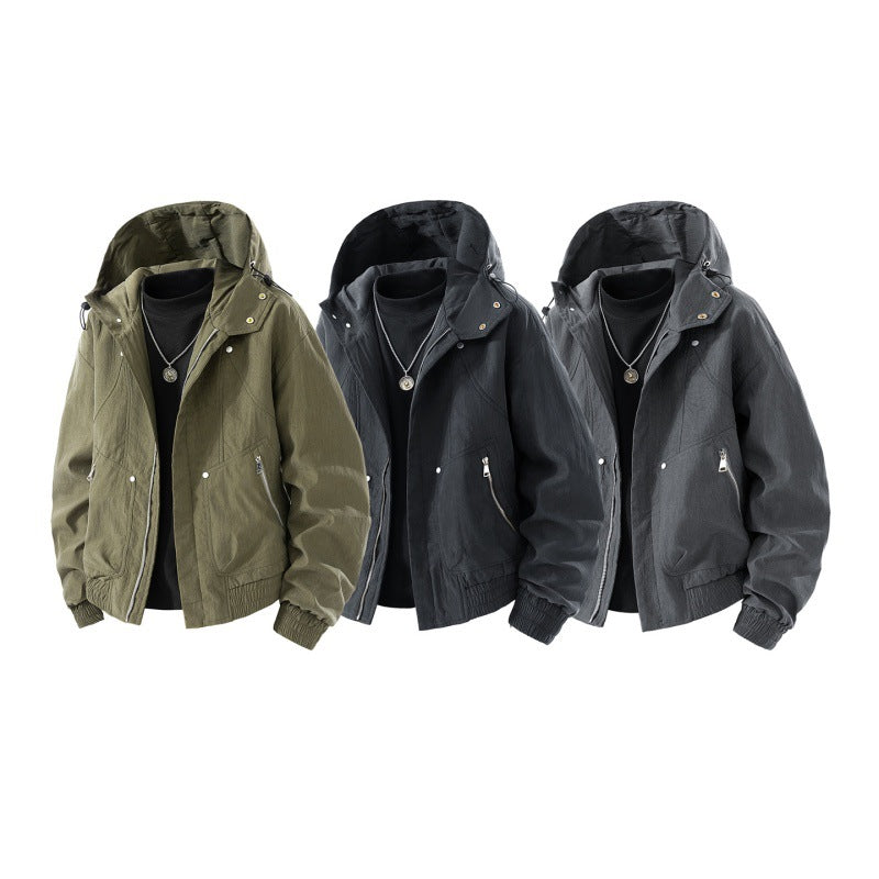 Herren leichte Utility-Kapuzenjacke mit verstaubarer Kapuze, wasserabweisender Beschichtung, Reißverschlusstaschen und elastischen Bündchen EB