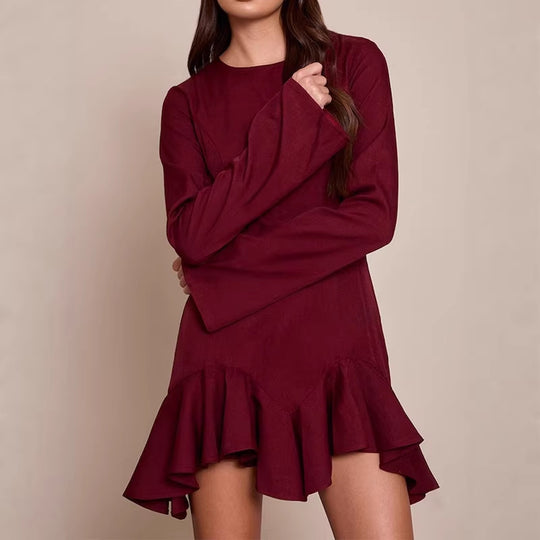 Damen Figurbetontes Langarm-Minikleid mit taillierten Nähten und Volant-Saum EB