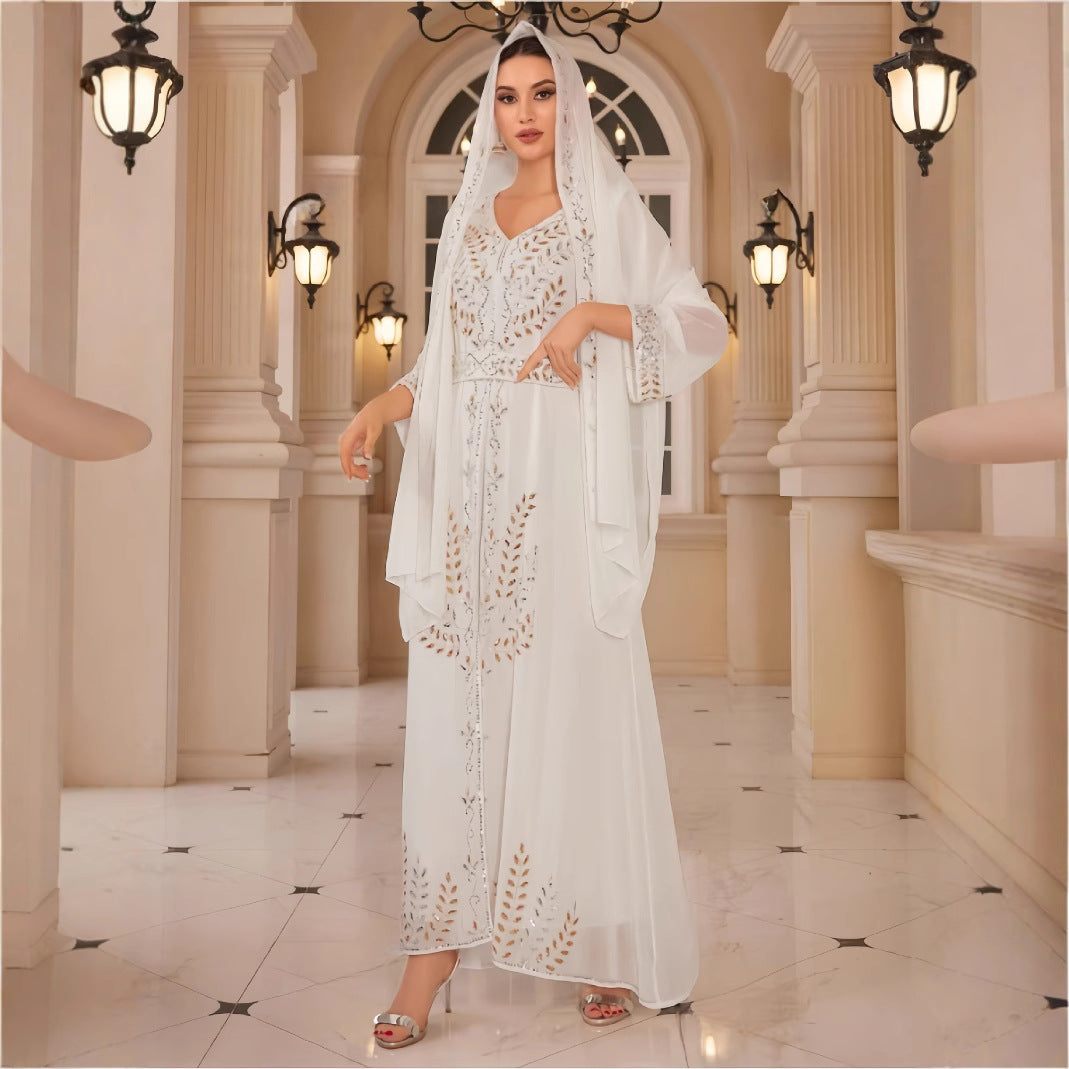 Damen Elegantes maximal langes Kleid mit feinen sticktechnischen Details und umhüllendem Schal EB