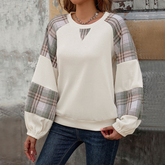 Damen Modischer Sweatpullover mit Karomuster und Rippstruktur EB