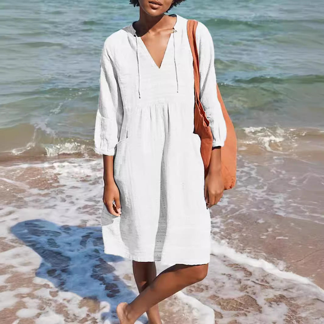 Damen lässiges Sommerkleid mit Kapuze und Taschen EB