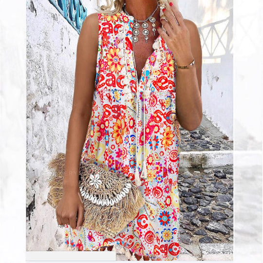 Damen luftiges Strandkleid mit dekorativen Fransen und floralem Muster EB