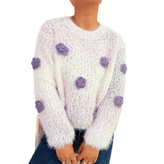 Damen gemütlicher, fluffiger Pullover mit verspielten Blumenapplikationen EB