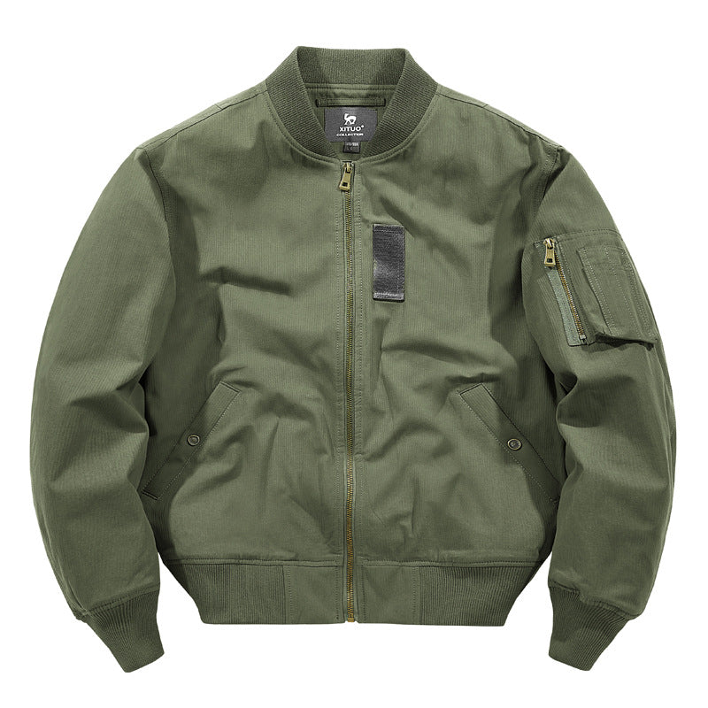 Men's  rugged cotton-twill flight bomber jacket with utility sleeve pocket and reinforced ribbed trims EB