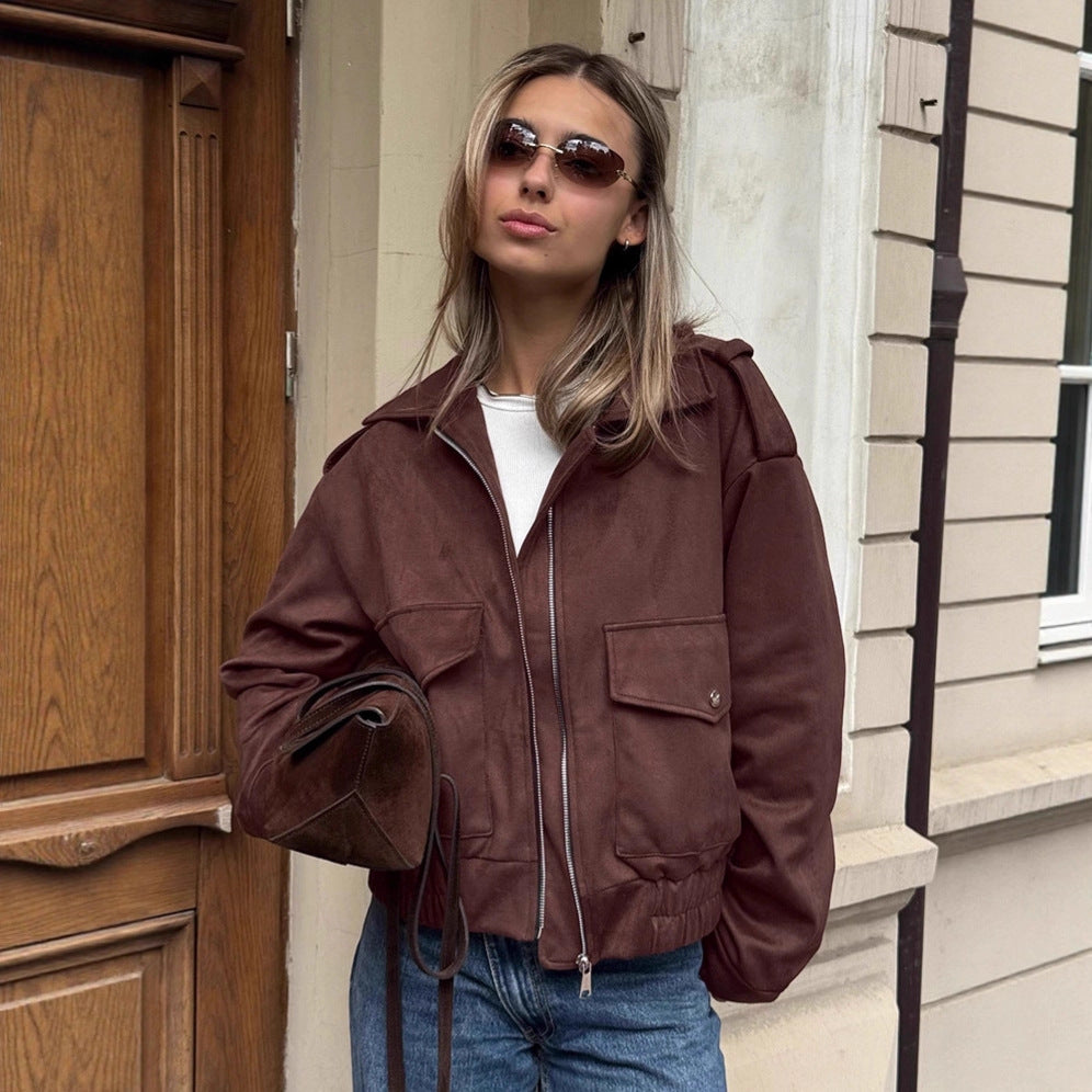 Damen Modische Suede Bomberjacke mit praktischen Taschen und Reißverschluss EB