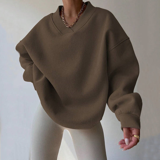 Damen Oversized V-Ausschnitt Sweatshirt mit verstärktem Rippkragen und extraweitem Cut EB