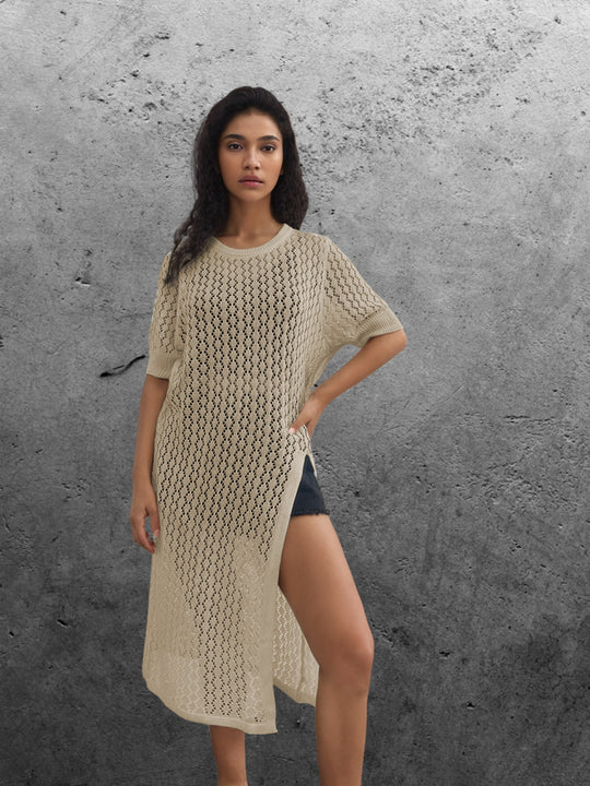 Damen Langer Strick-Kimono mit offenem Design und atmungsaktiver Maschenstruktur EB