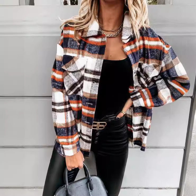 Damen Karo-Hemdenjacke im Oversized-Stil mit Druckknopfverschluss EB