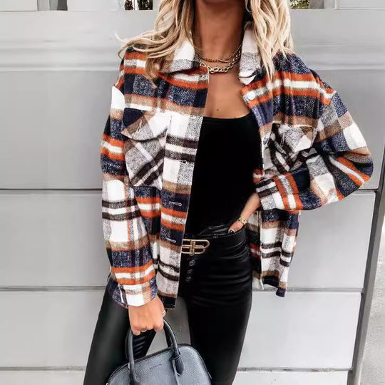 Damen Karo-Hemdenjacke im Oversized-Stil mit Druckknopfverschluss EB