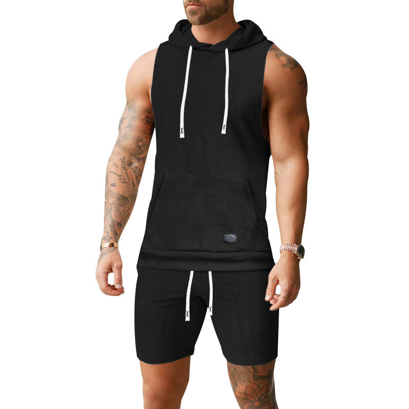 Herren nan ärmelloses Kapuzenweste-Set aus strukturiertem Baumwollmix mit Kängurutasche und Tunnelzug-Shorts EB