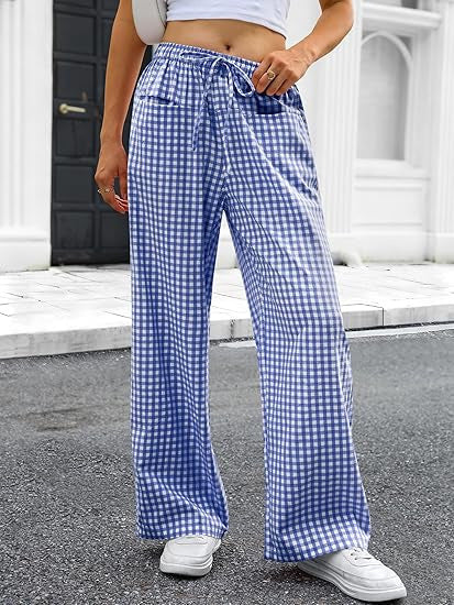 Damen Weit geschnittene Karohose mit elastischem Bund und praktischen Taschen EB