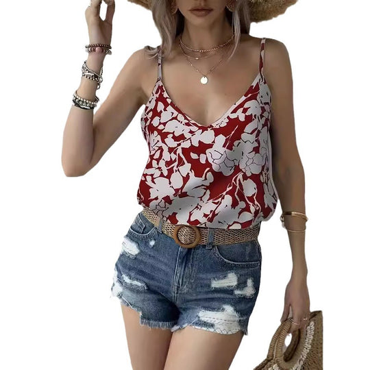 Damen Top mit verspieltem Blumendesign und Spaghetti-Trägern EB