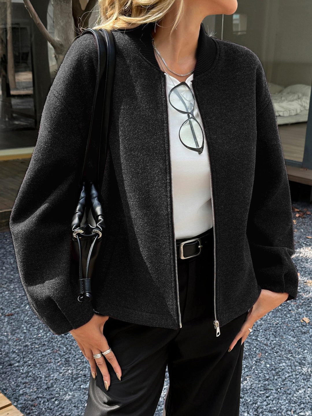 Damen nan leichte Fleece‑Bomberjacke mit Stehkragen, zweiseitigem Reißverschluss und lässiger Oversize‑Passform EB