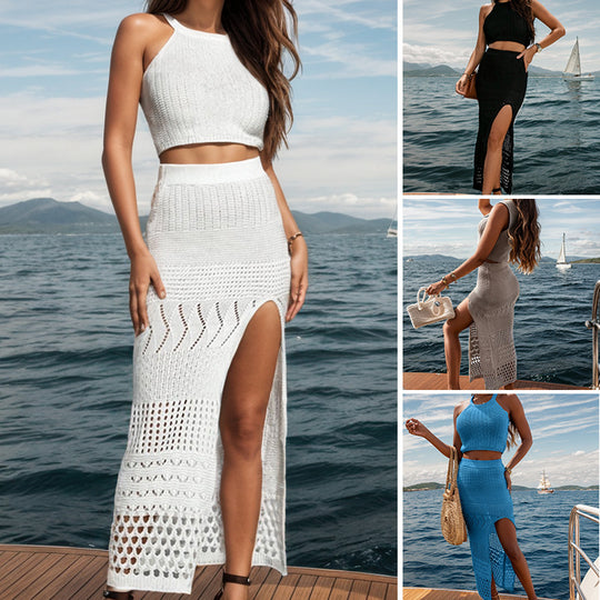 Damen gehäkeltes Maxi-Rock-Outfit mit femininen Schlitzdetails und cropped Oberteil EB