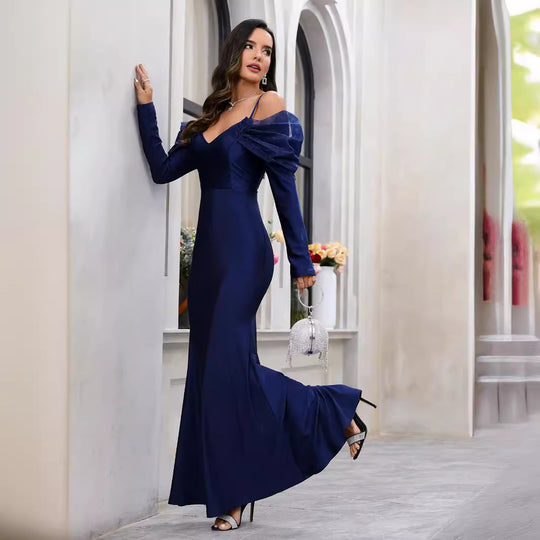 Damen Elegantes Maxikleid mit Steckkragen und schulterfreiem Design EB