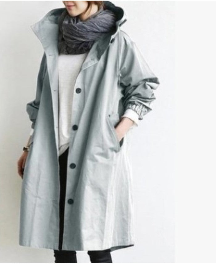 Damen nan leichter oversized Regenmantel mit Kapuze und verdeckter Knopfleiste EB