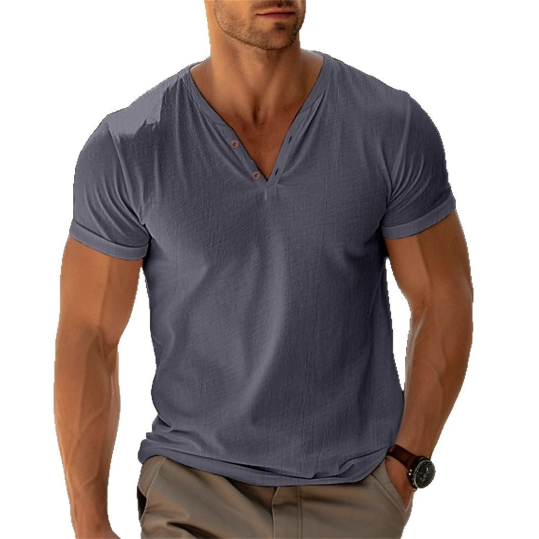 Herren nan tailliertes Henley-T-Shirt mit V-Ausschnitt kurzer Knopfleiste und krempelbaren Ärmeln EB