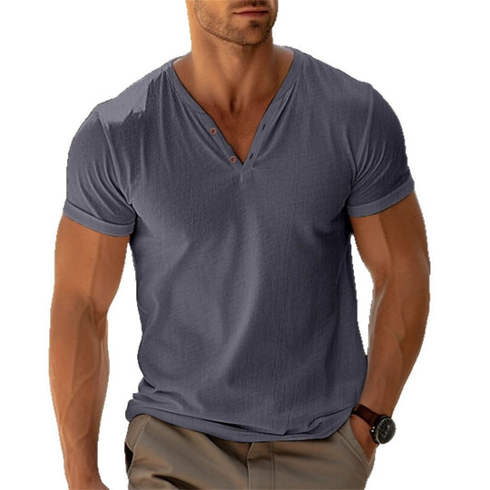 Herren nan tailliertes Henley-T-Shirt mit V-Ausschnitt kurzer Knopfleiste und krempelbaren Ärmeln EB