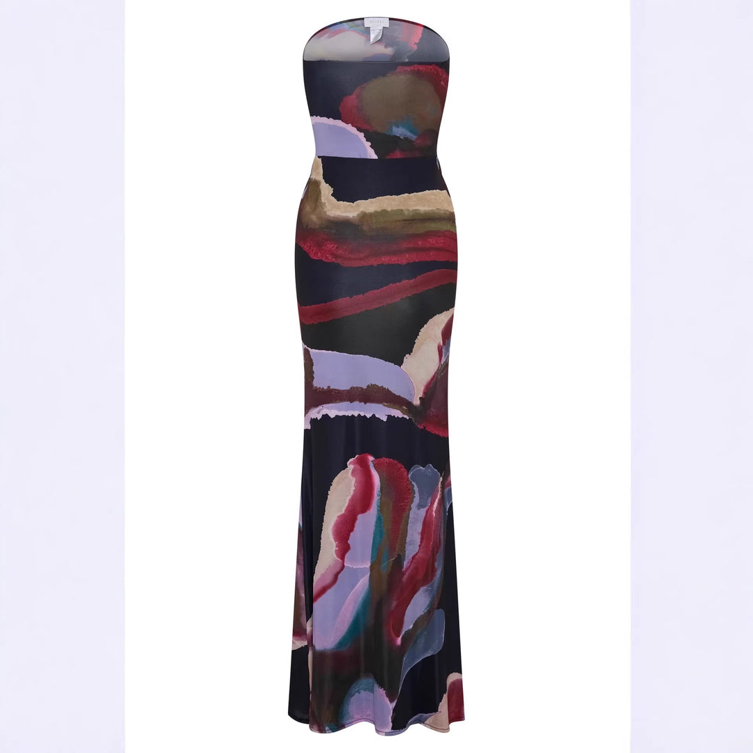 Damen Strapless Maxikleid mit fließendem Stoff und kunstvollem Druck EB