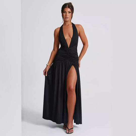 Damen Maxikleid mit tiefem V-Ausschnitt und Rüschen EB