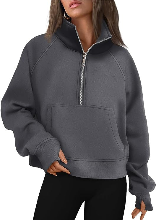 Damen nan cropped Halbzip-Sweatshirt mit hohem Stehkragen, Kängurutasche und überschnittener Schulter EB
