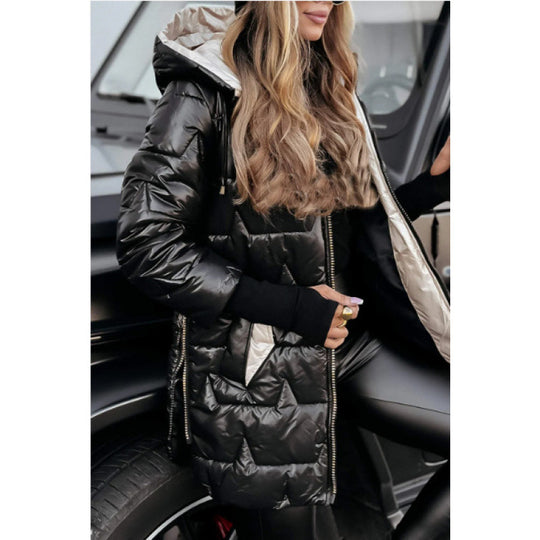 Damen Longline Steppjacke mit abnehmbarem Kapuzenfutter und seitlichen Reißverschlusstaschen EB