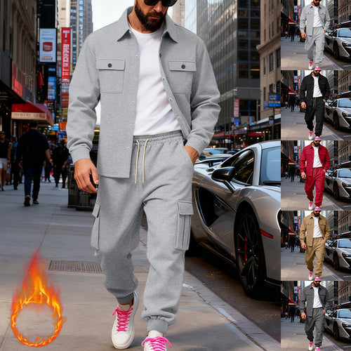 Herren nan lässiges Baumwoll-Misch Overshirt und Cargo-Jogger Set mit Kordelzug, Pattentaschen und elastischen Bündchen EB