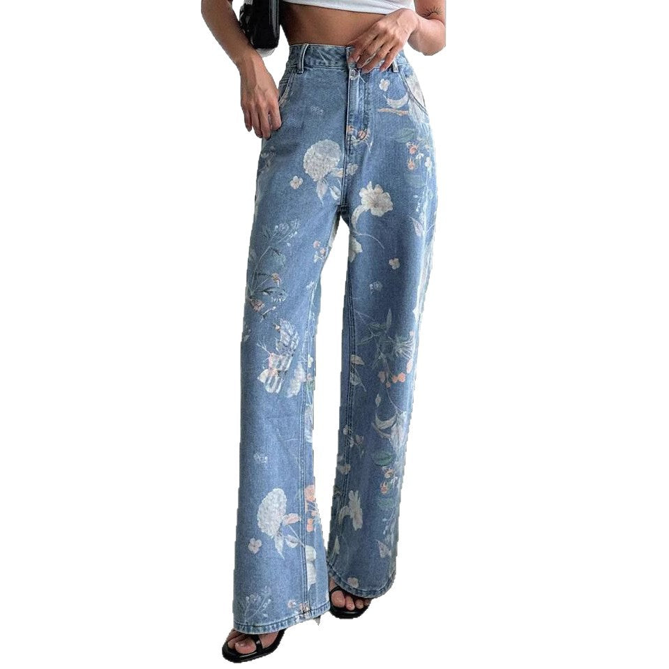Damen Weite Denim-Hose mit floralem Muster und hohem Bund EB