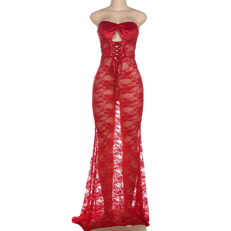 Damen Strapless Spitzenkleid mit raffinierter Schnürung EB