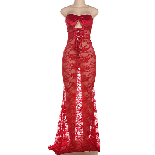 Damen Strapless Spitzenkleid mit raffinierter Schnürung EB