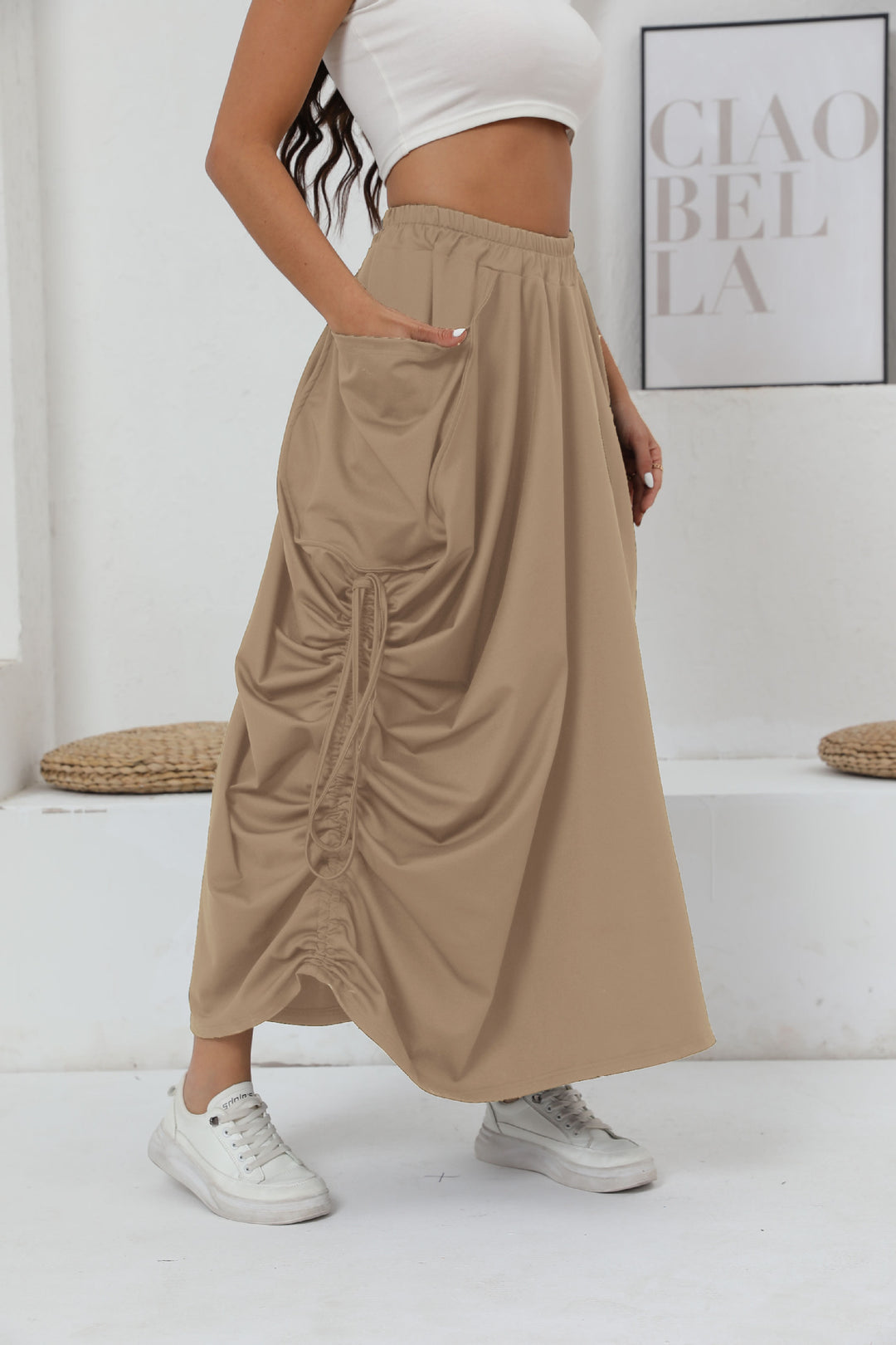 Damen Maxirock mit seitlichen Raffungen und praktischen Taschen EB