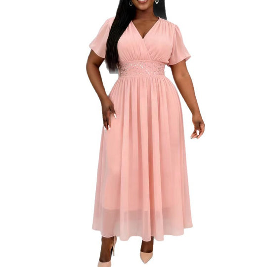 Damen Elegant Fließendes Maxikleid mit V-Ausschnitt und Taillierung EB
