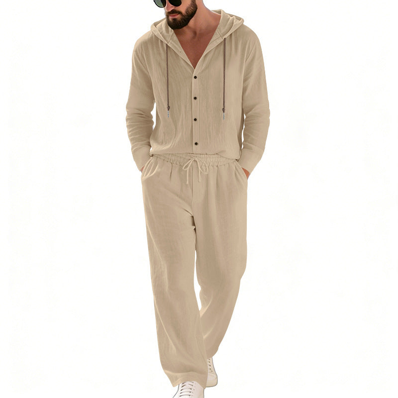 Herren nan legeres Kapuzen-Lounge-Set mit Knopfleiste, Kordelbundhose und seitlichen Eingrifftaschen EB