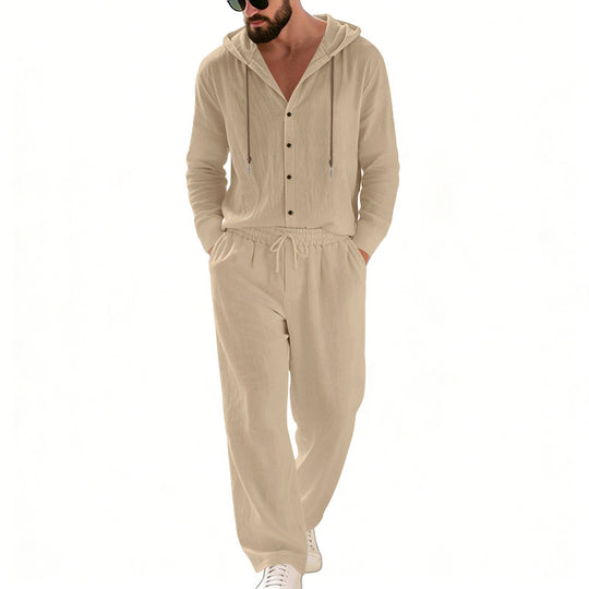 Herren nan legeres Kapuzen-Lounge-Set mit Knopfleiste, Kordelbundhose und seitlichen Eingrifftaschen EB