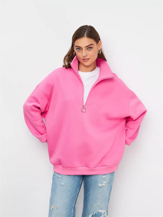 Damen Oversized Halbzip Sweater mit hohem Stehkragen und Rippbündchen EB