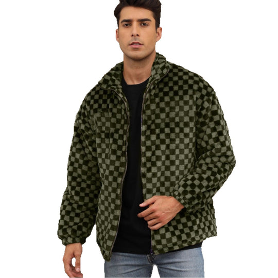 Herren Plüschjacke mit Karo-Muster und hohem Kragen EB