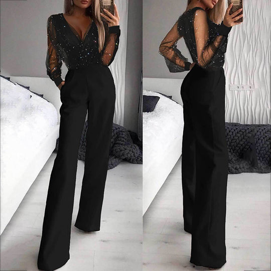 Damen Eleganter Jumpsuit mit transparenten Ärmeln und funkelnden Details EB