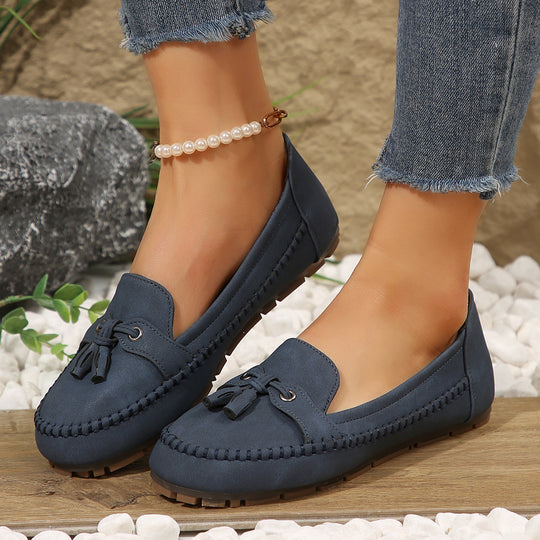 Damen  klassische Mokassin-Slipper mit Quasten, handgenähter Rahmennaht und rutschfester Gummisohle EB