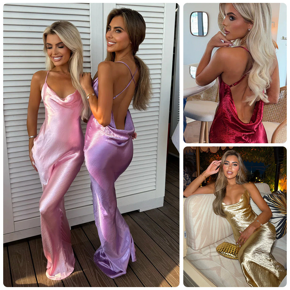 Damen Glamouröses Abendkleid mit schimmerndem Satin und spaghettiträgern EB