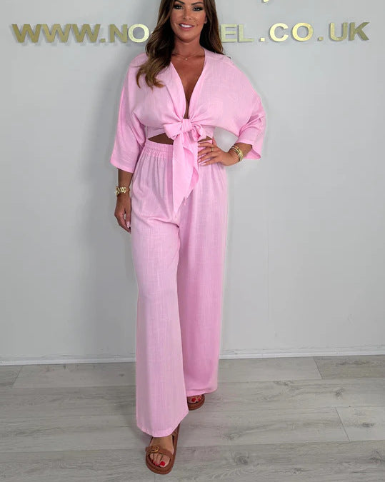 Damen Eleganter Jumpsuit mit verspieltem Knoten und weit geschnittenen Beinen EB
