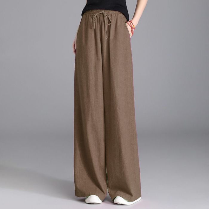 Damen nan weite Palazzo Leinenhose mit elastischem Kordelbund und Seitentaschen EB
