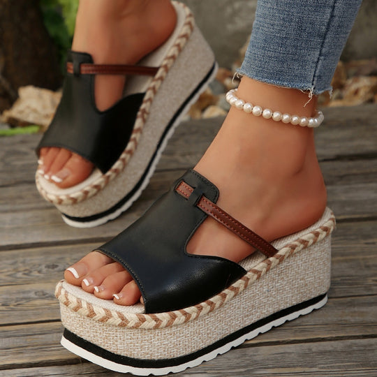 Damen Plattform-Sandalen mit modischem Bast-Design und gepolsterter Sohle EB