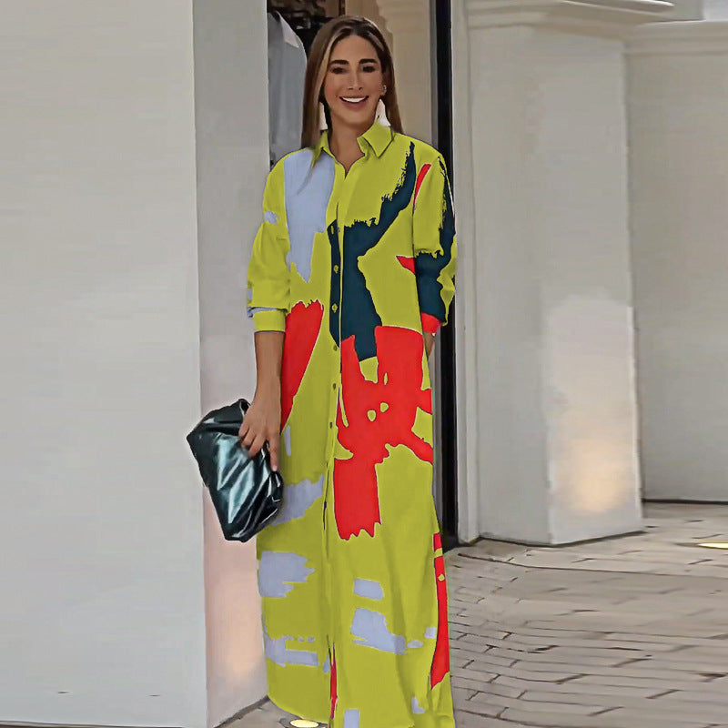 Damen Langarm Hemdkleid im modernen Grafikdesign mit Taschen EB