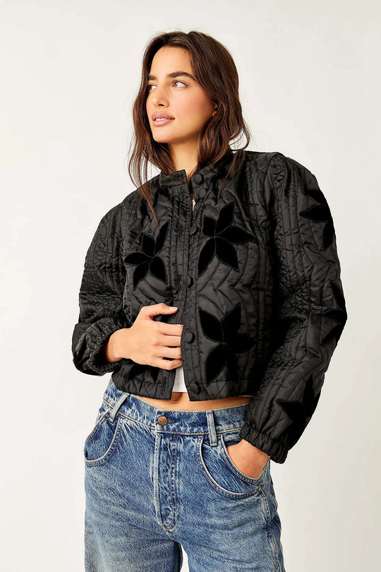 Damen gesteppte Bomberjacke mit floralem Design und elastischen Bündchen EB