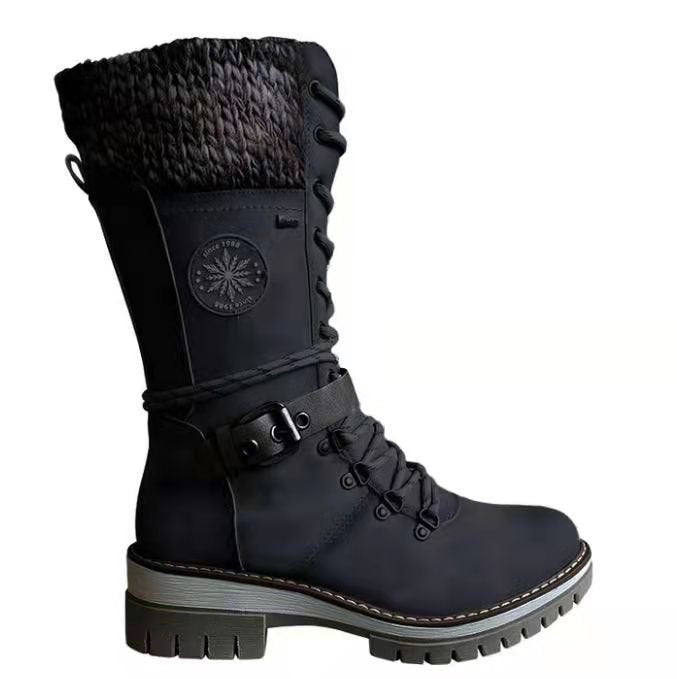 Damen nan hoher Schnürstiefel mit Strickbündchen, robuster Profilsohle und seitlichem Reißverschluss EB