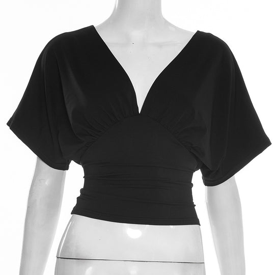 Damen elegantes Wickeloberteil mit voluminösenÄrmeln und tiefem V-Ausschnitt EB